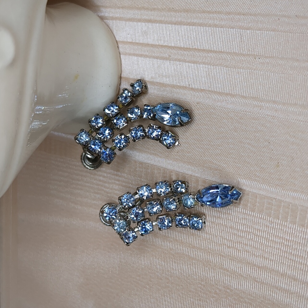 Vintage 60s Blue Rhinestone Dangle Earrings Pastel Prom Formal Screw Back MCM